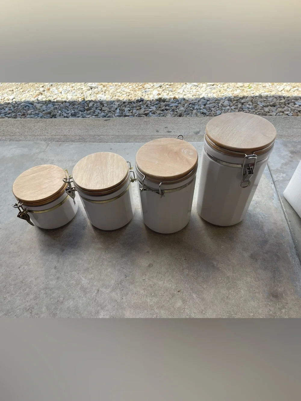 Vintage White Ceramic Kitchen Storage Canister with Wood Locking lid Set